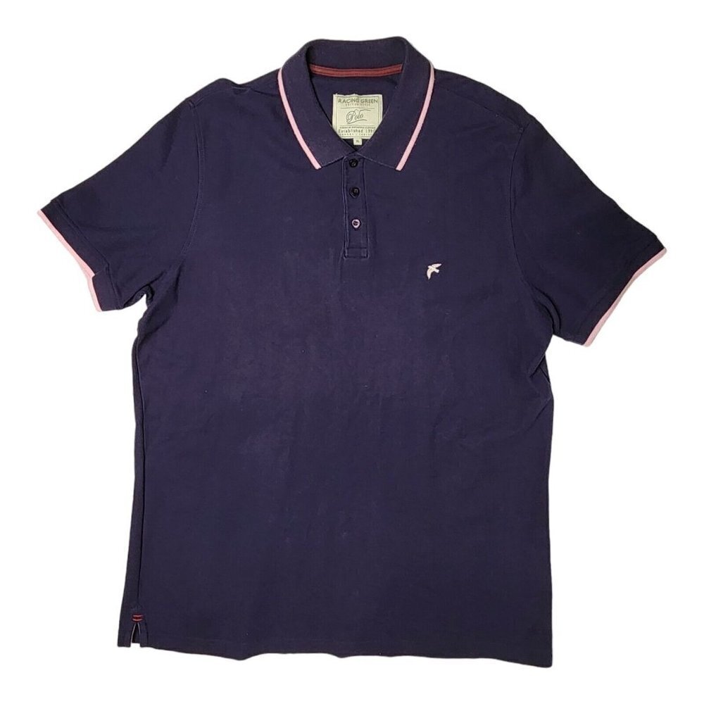 Racing Green British Style Short Sleeve Polo Shirt Mens XL Navy Blue Pink Trim